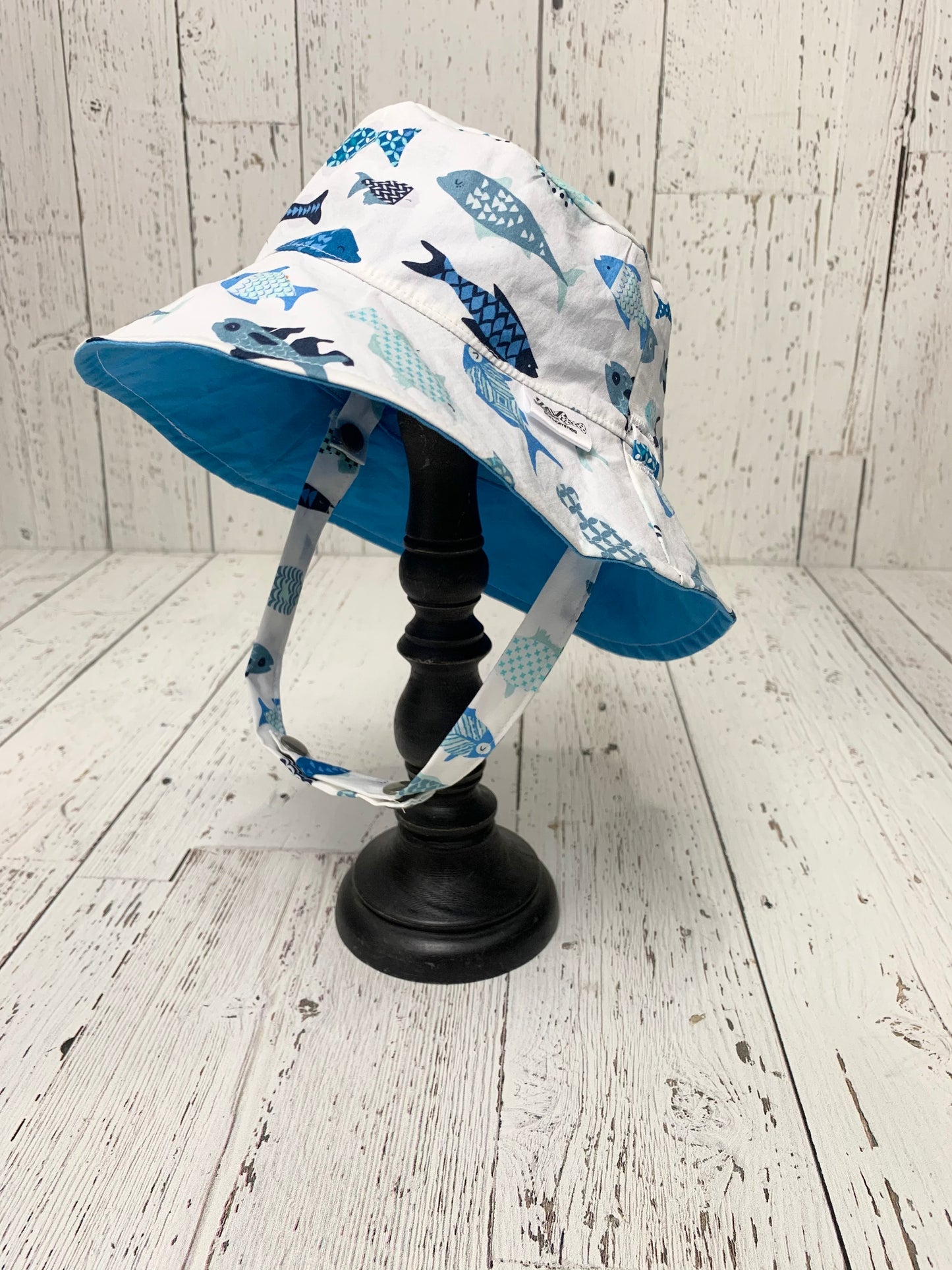 Bucket Hat - Geometric Blue Fish on White