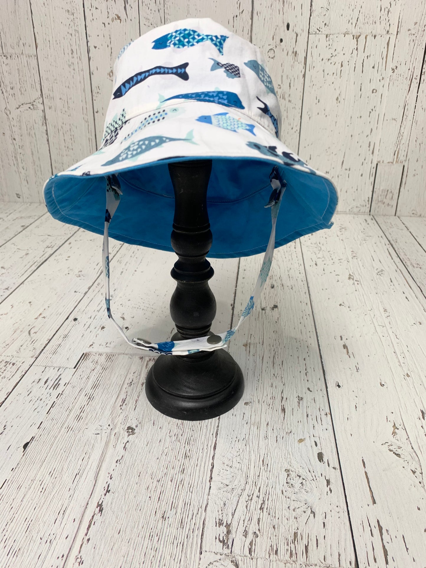 Bucket Hat - Geometric Blue Fish on White