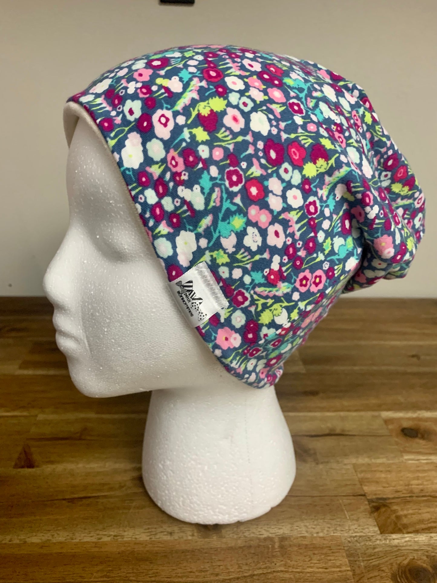 Slouchy Toque - Mini Flowers Teal Purple