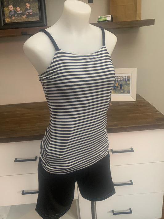 Bamboo Women's Tank Top with Shelf Bra - Midnight Navy/White Stripe