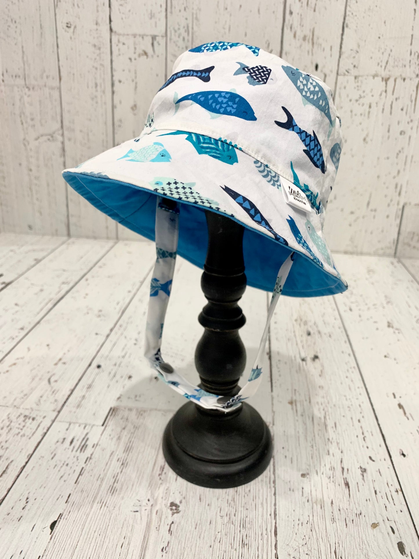 Bucket Hat - Geometric Blue Fish on White