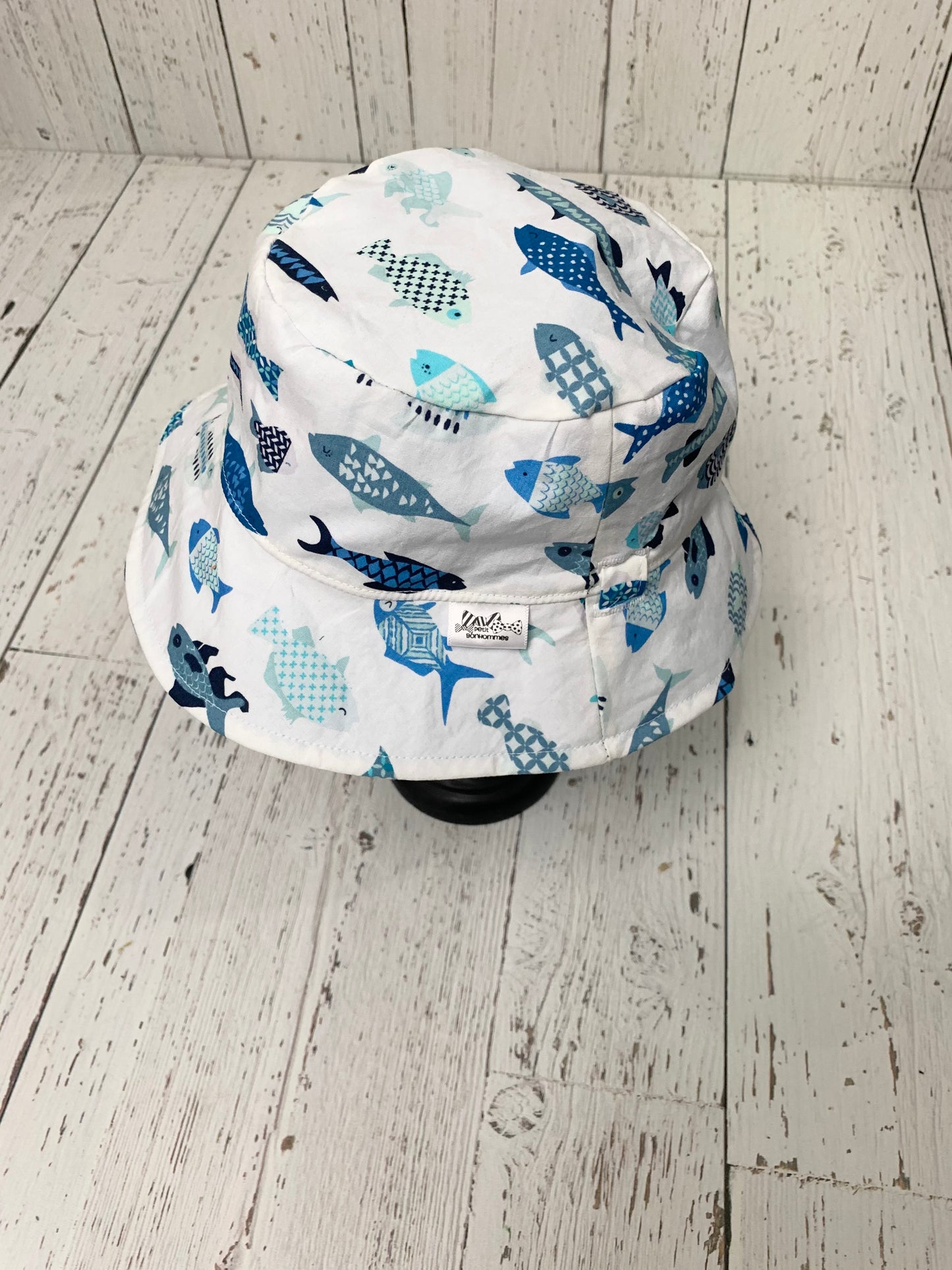 Bucket Hat - Geometric Blue Fish on White