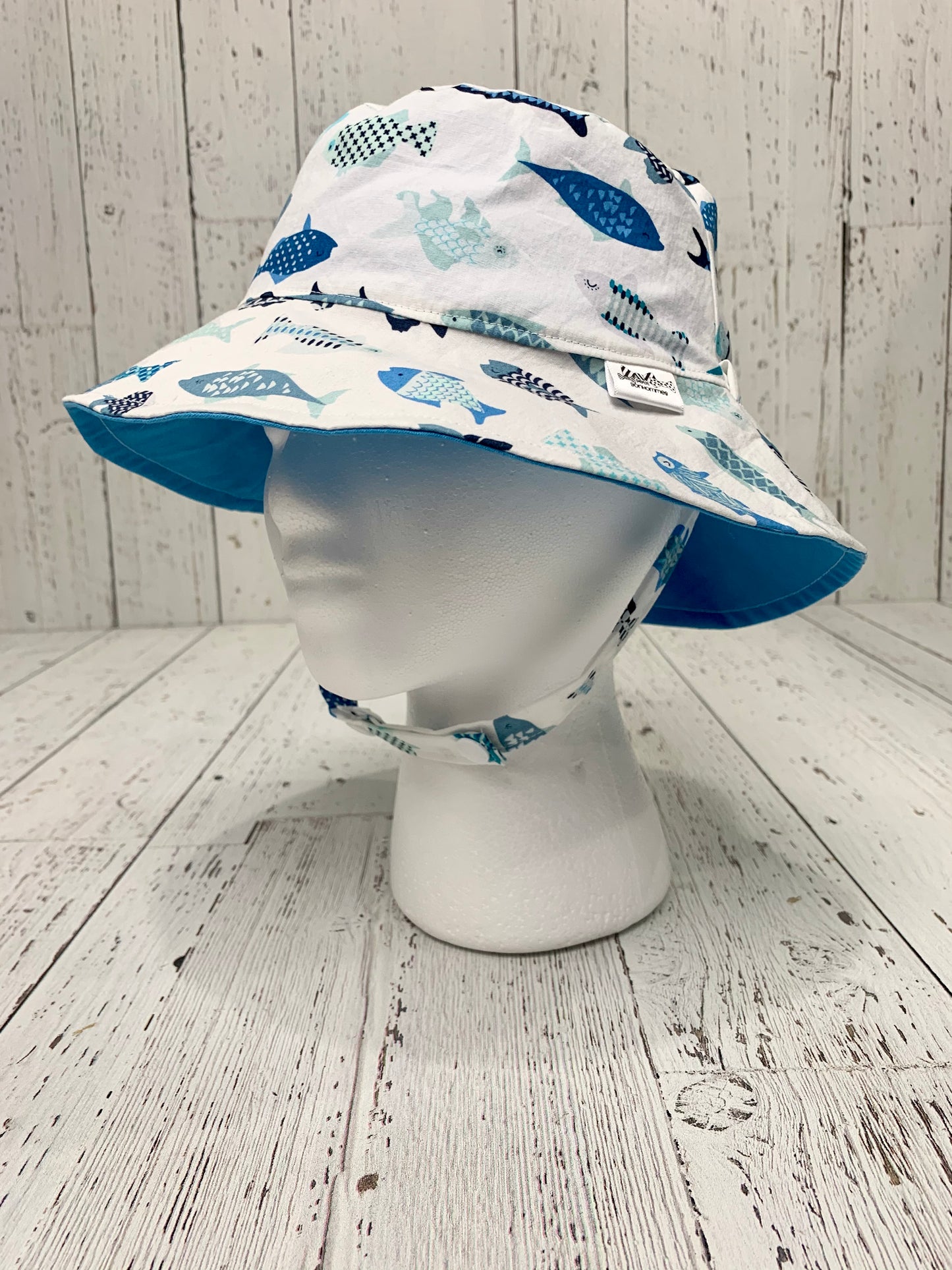 Bucket Hat - Geometric Blue Fish on White