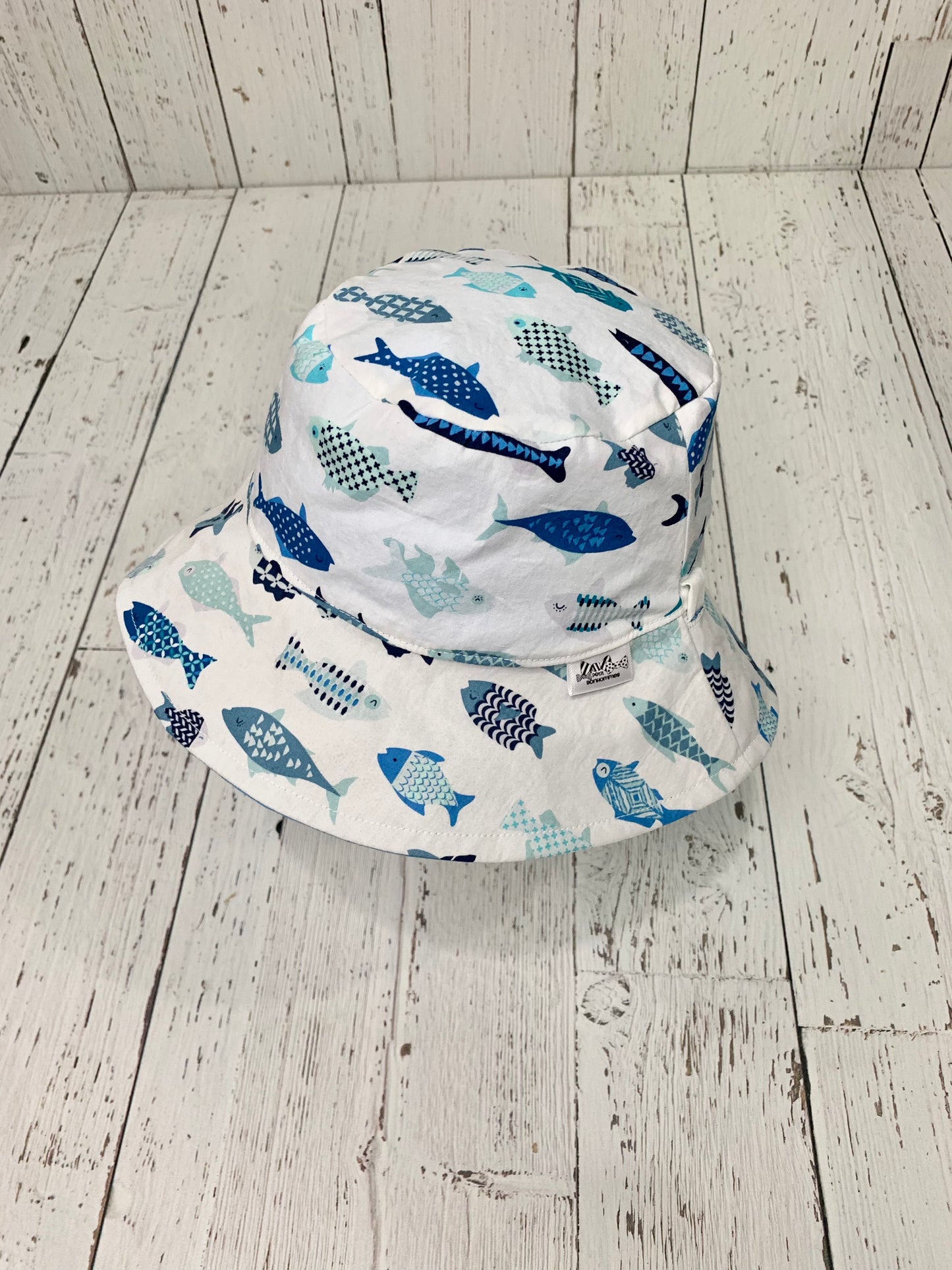 Bucket Hat - Geometric Blue Fish on White