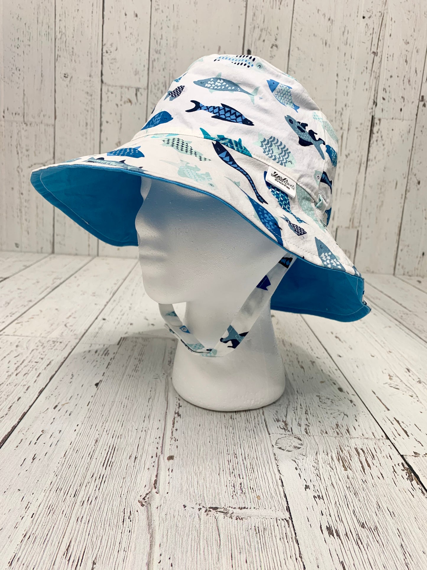 Bucket Hat - Geometric Blue Fish on White